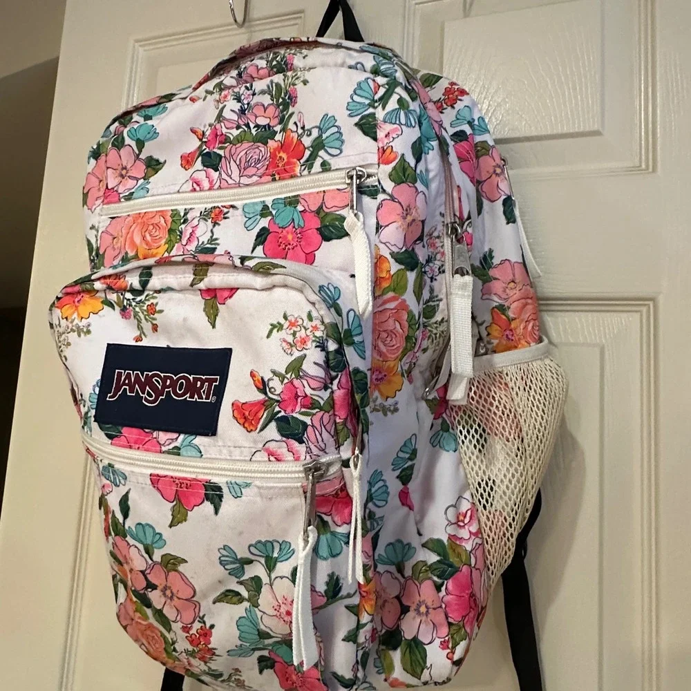 JanSport Big Student Backpack White Floral Print Multi Compartment School Bag
